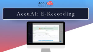 Promo banner for AccuAir E-Recording showing a computer monitor displaying the recording form with a blue–purple gradient background.